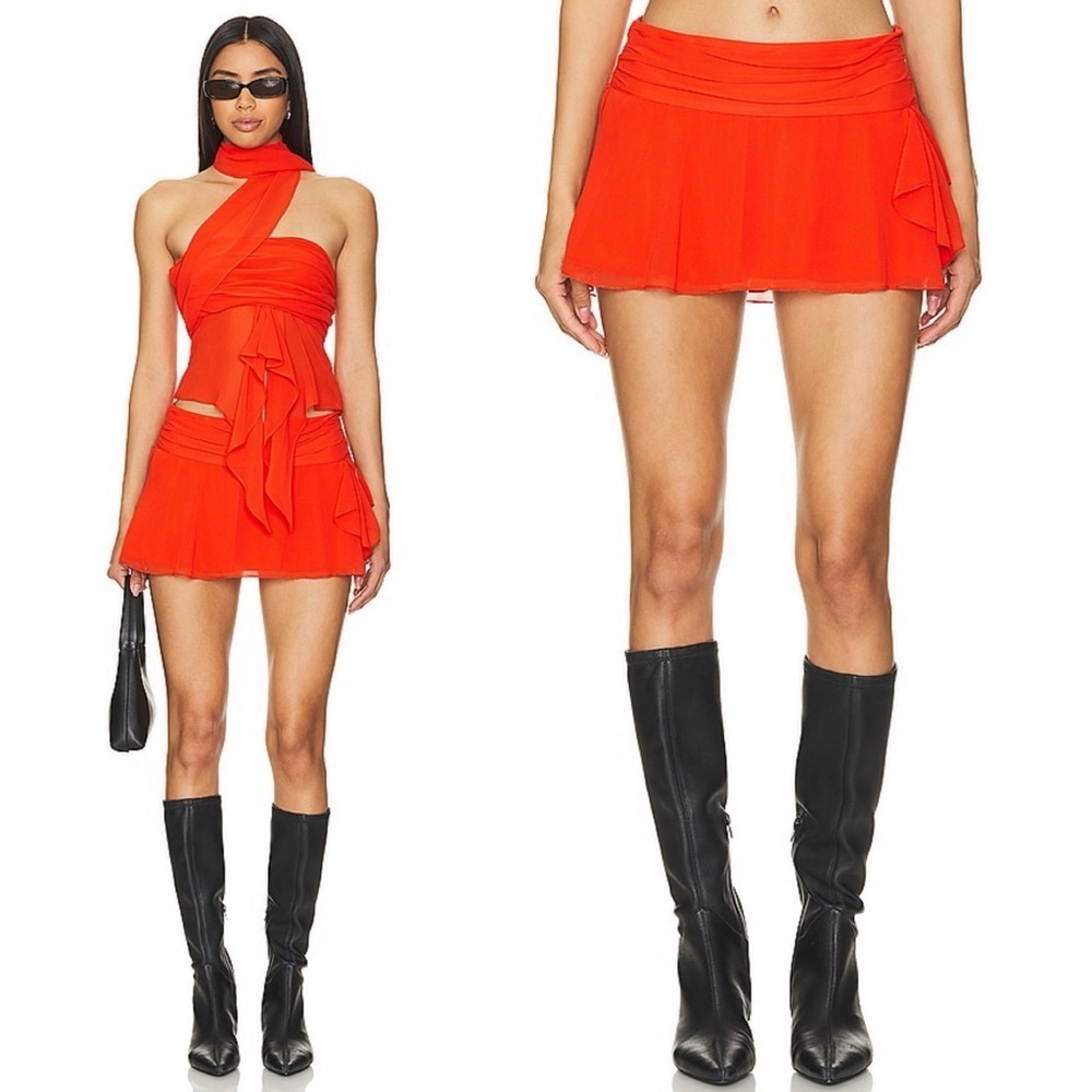 GUIZIO- Chiffon Slit Mini Skirt Size Large Poppy Orange Micro Summer Low Waist